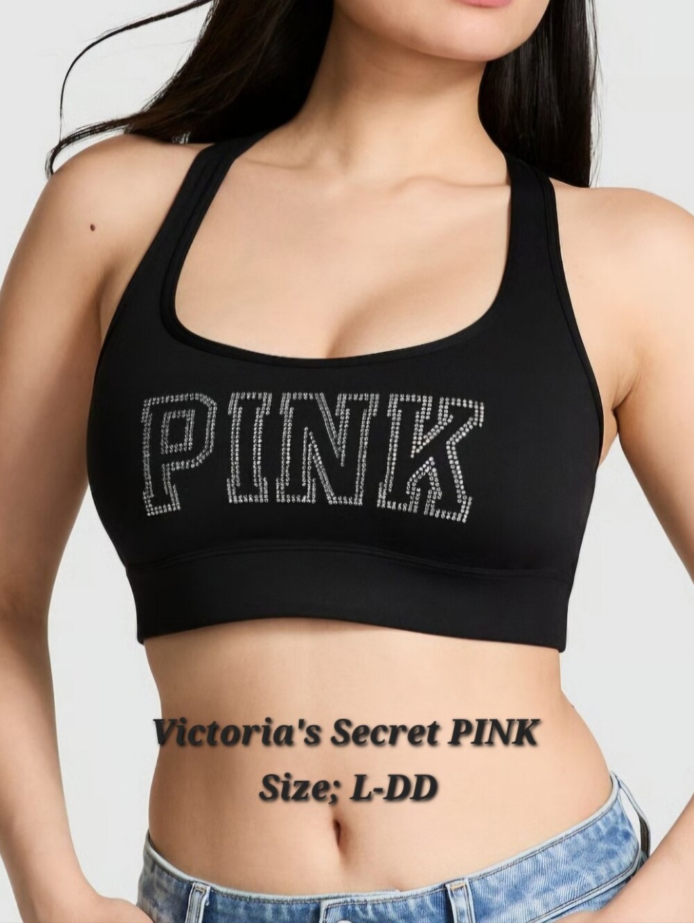 Victoria's Secret PINK Black Rhinestone Relay Racerback Sports Bra Size L-DD NEW